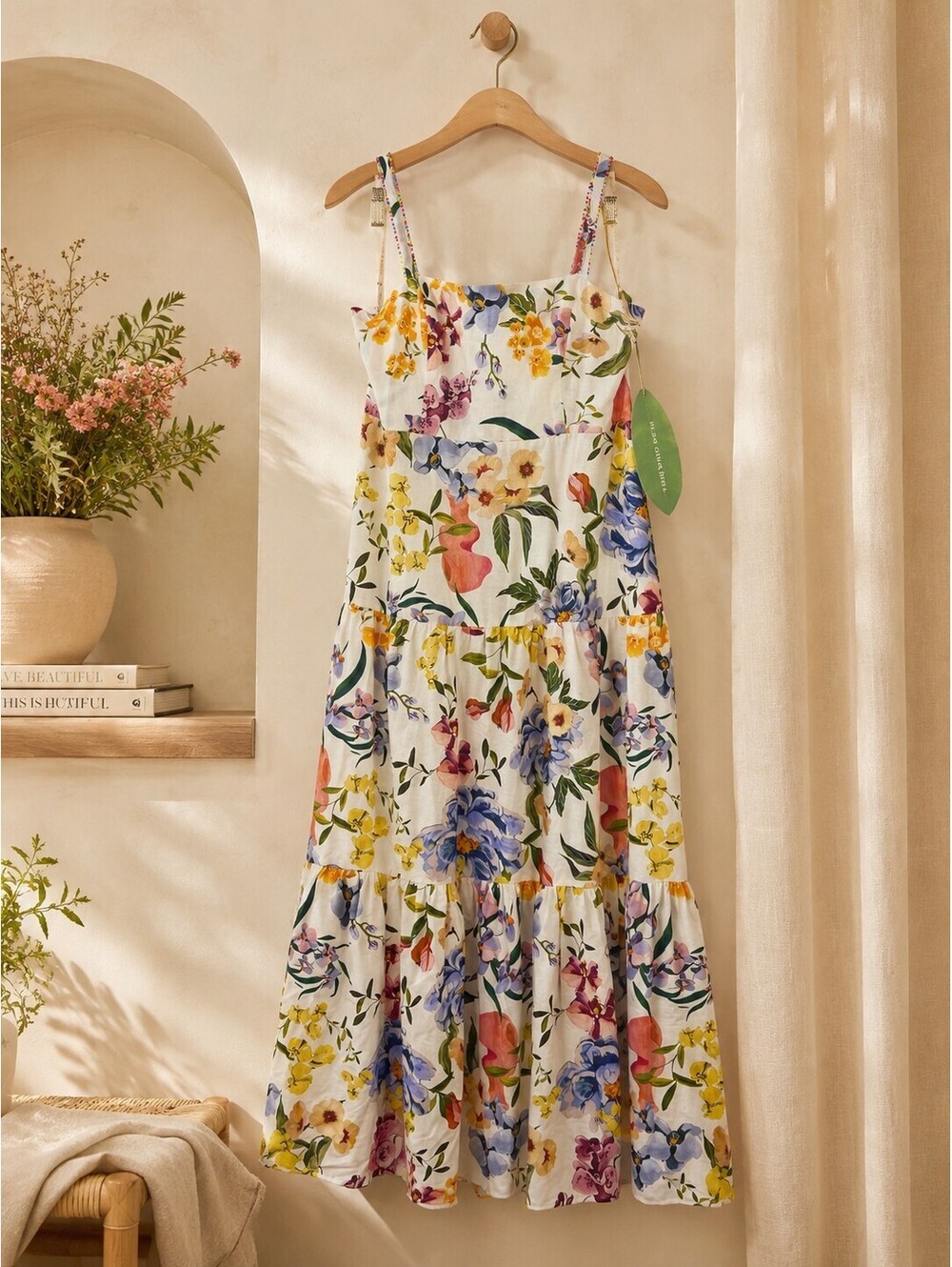 FARM Rio Greek Garden Tiered Linen Blend Maxi Dress White Floral XL NWT - Picture 2 of 8
